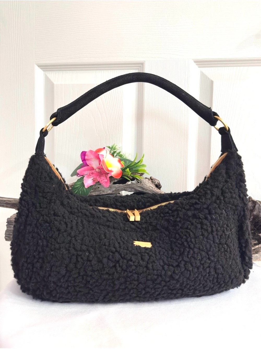 HAMMITT ~ Black Sherpa Shoulder Bag with Gold Hardware and Red Monogram Interior